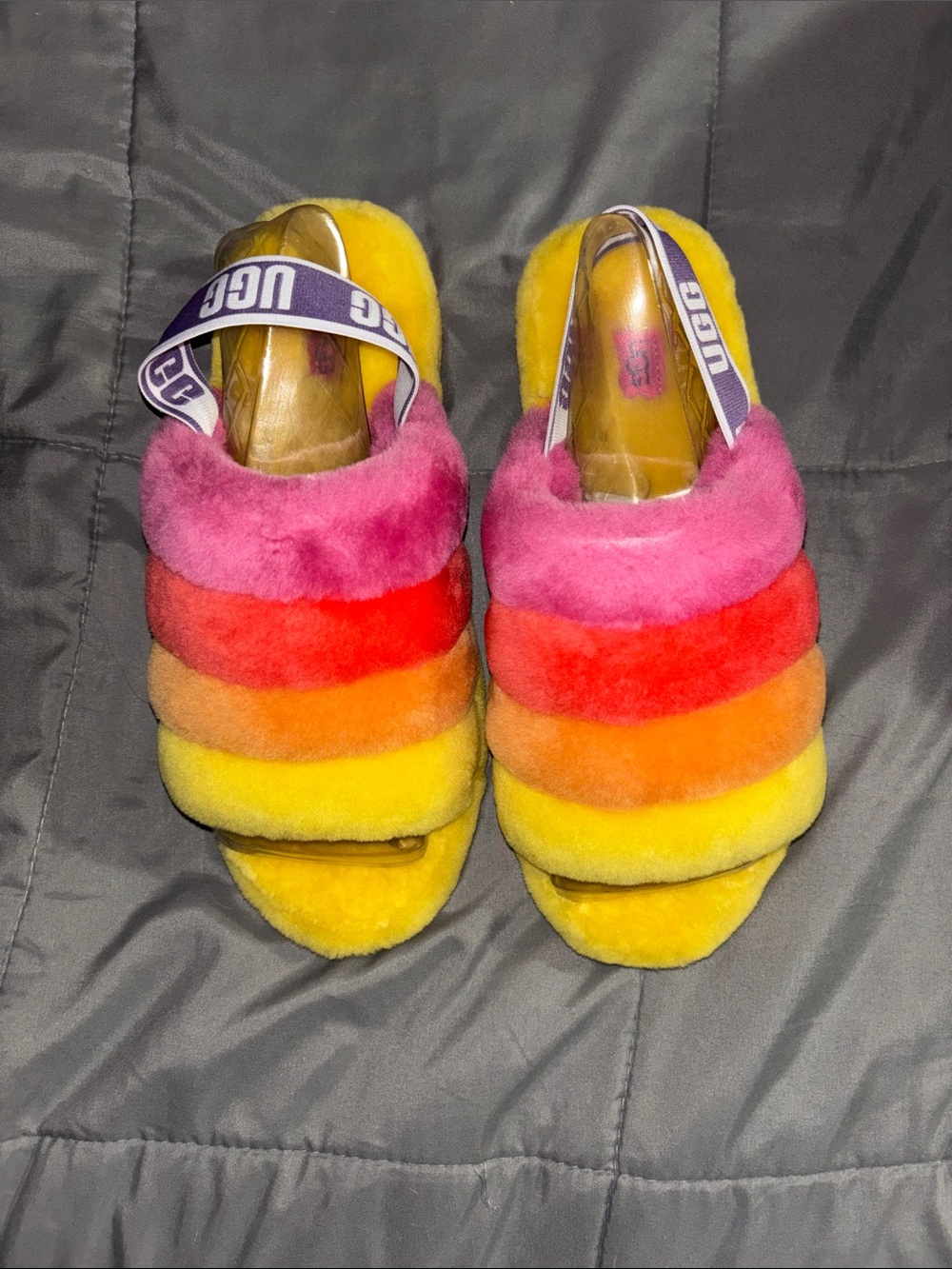 UGG Rainbow Sheepskin Fluff Slides - Pink/Red/Orange/Yellow